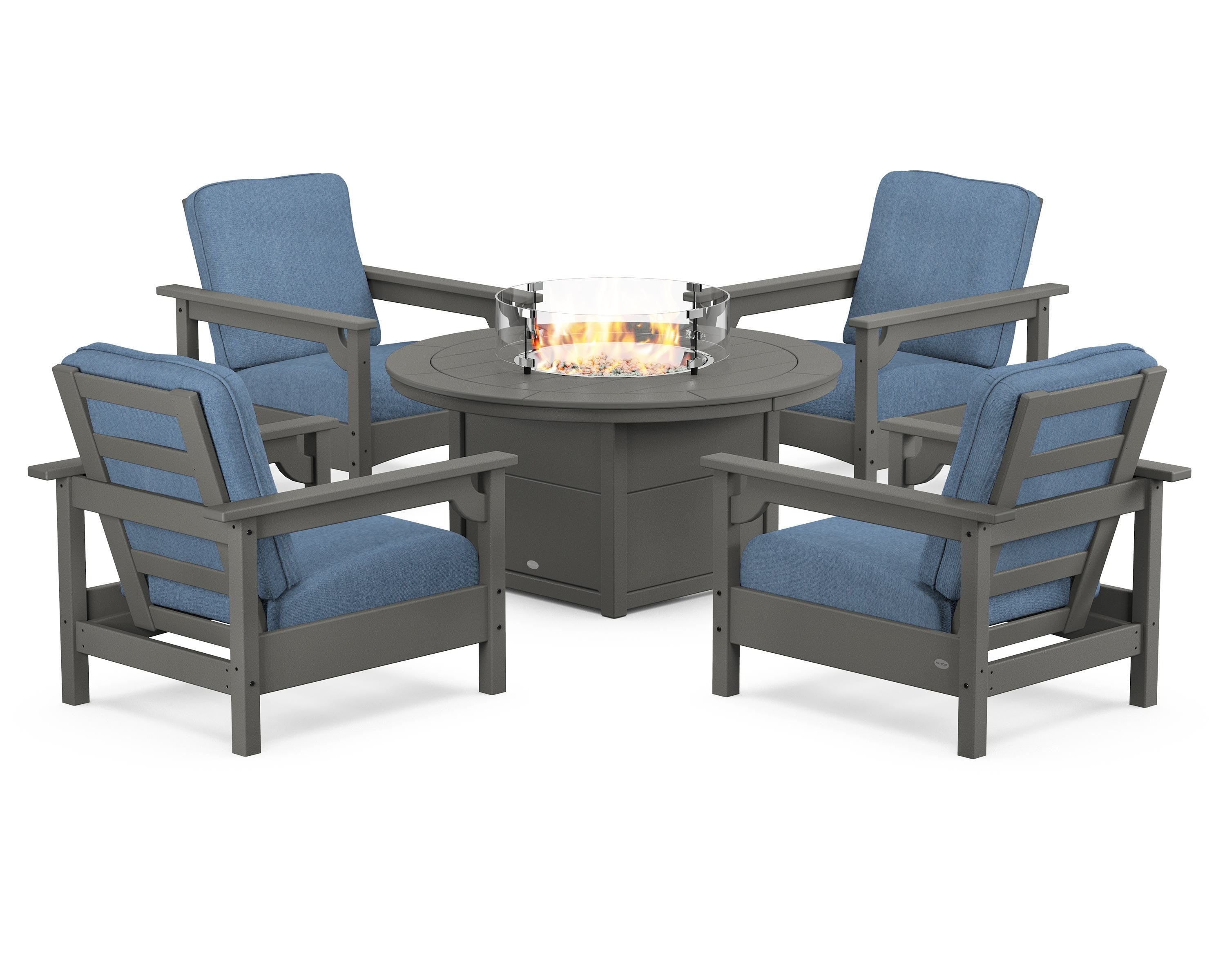 POLYWOOD® Club 5-Piece Conversation Set with Fire Pit Table in Slate Grey / Sky Blue