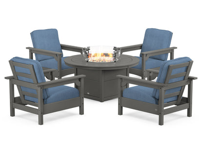 POLYWOOD® Club 5-Piece Conversation Set with Fire Pit Table in Slate Grey / Sky Blue