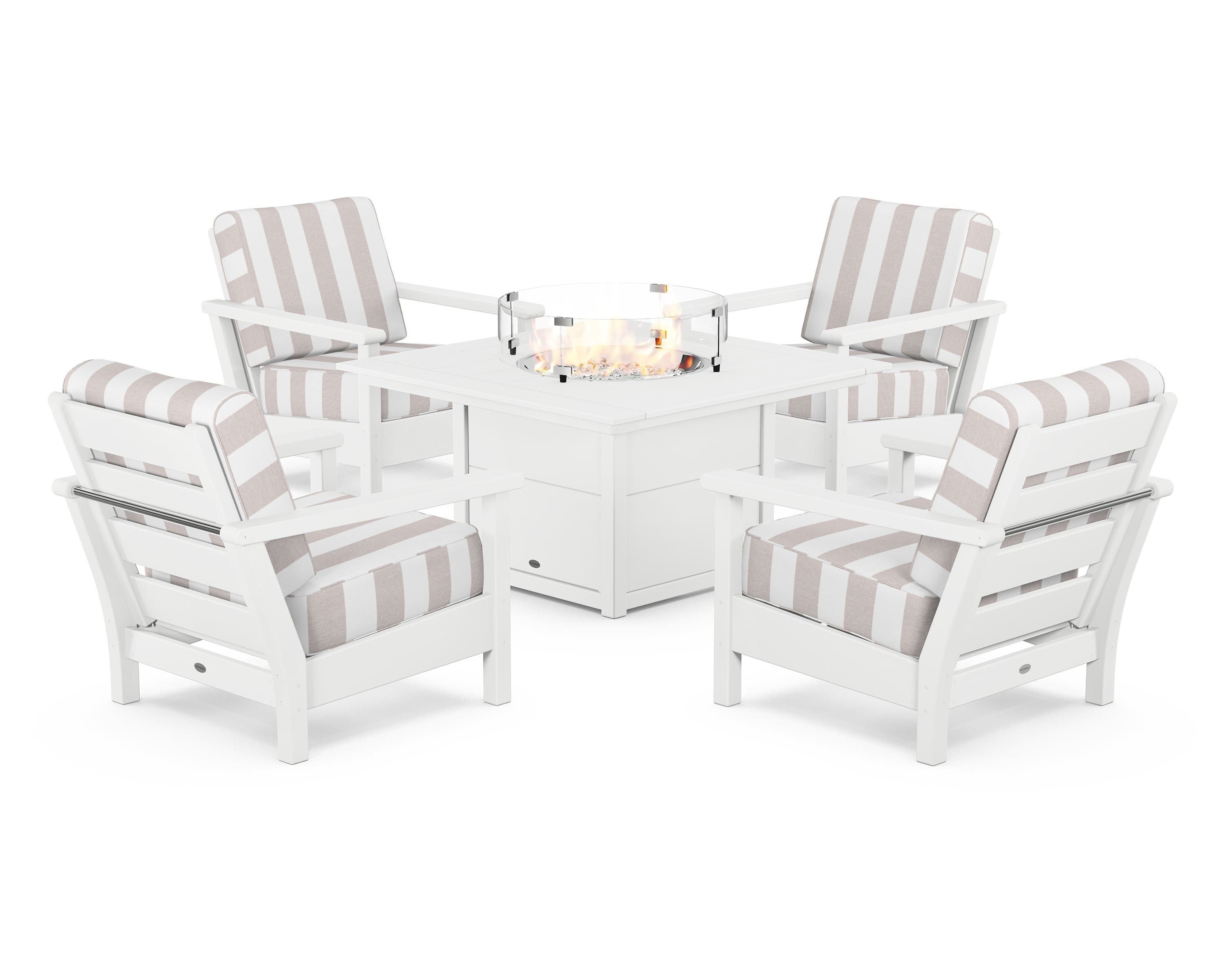 POLYWOOD® Harbour 5-Piece Conversation Set with Fire Pit Table in White / Cabana Stripe Dune Burlap