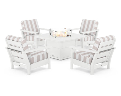 POLYWOOD® Harbour 5-Piece Conversation Set with Fire Pit Table in White / Cabana Stripe Dune Burlap