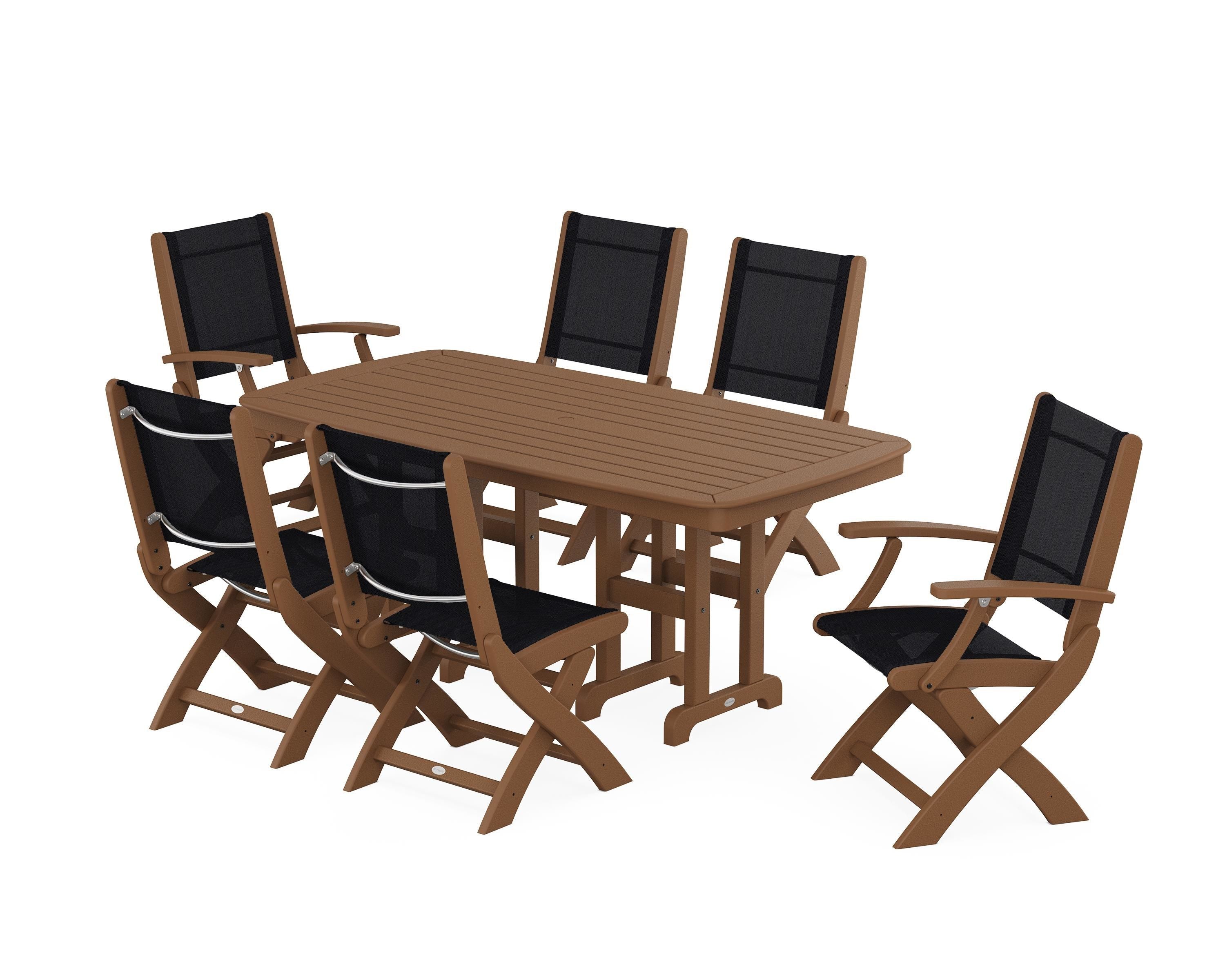 POLYWOOD® Coastal Folding Chair 7-Piece Dining Set in Teak / Black Sling