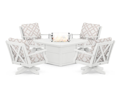 POLYWOOD® Braxton 5-Piece Deep Seating Swivel Conversation Set with Fire Pit Table in White / Trellis Dune Burlap
