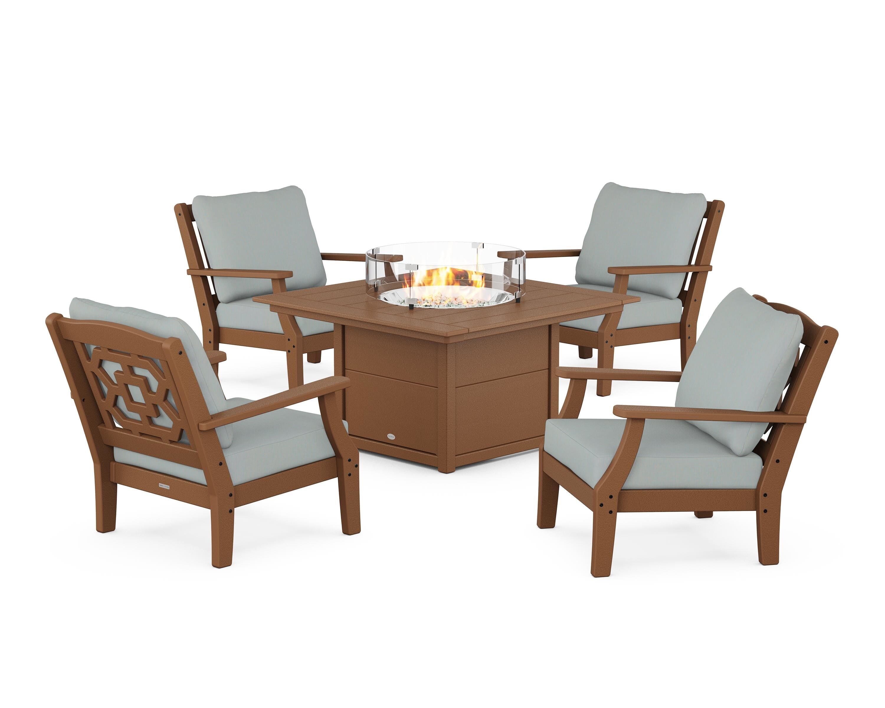 Martha Stewart by POLYWOOD® Chinoiserie 5-Piece Deep Seating Set with Fire Pit Table in Teak / Spa