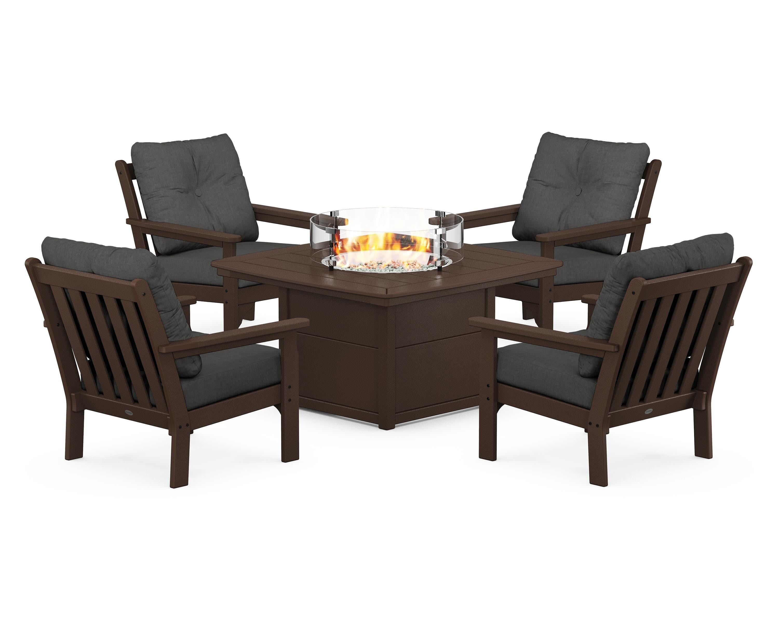 POLYWOOD® Vineyard 5-Piece Conversation Set with Fire Pit Table in Mahogany / Spectrum Carbon