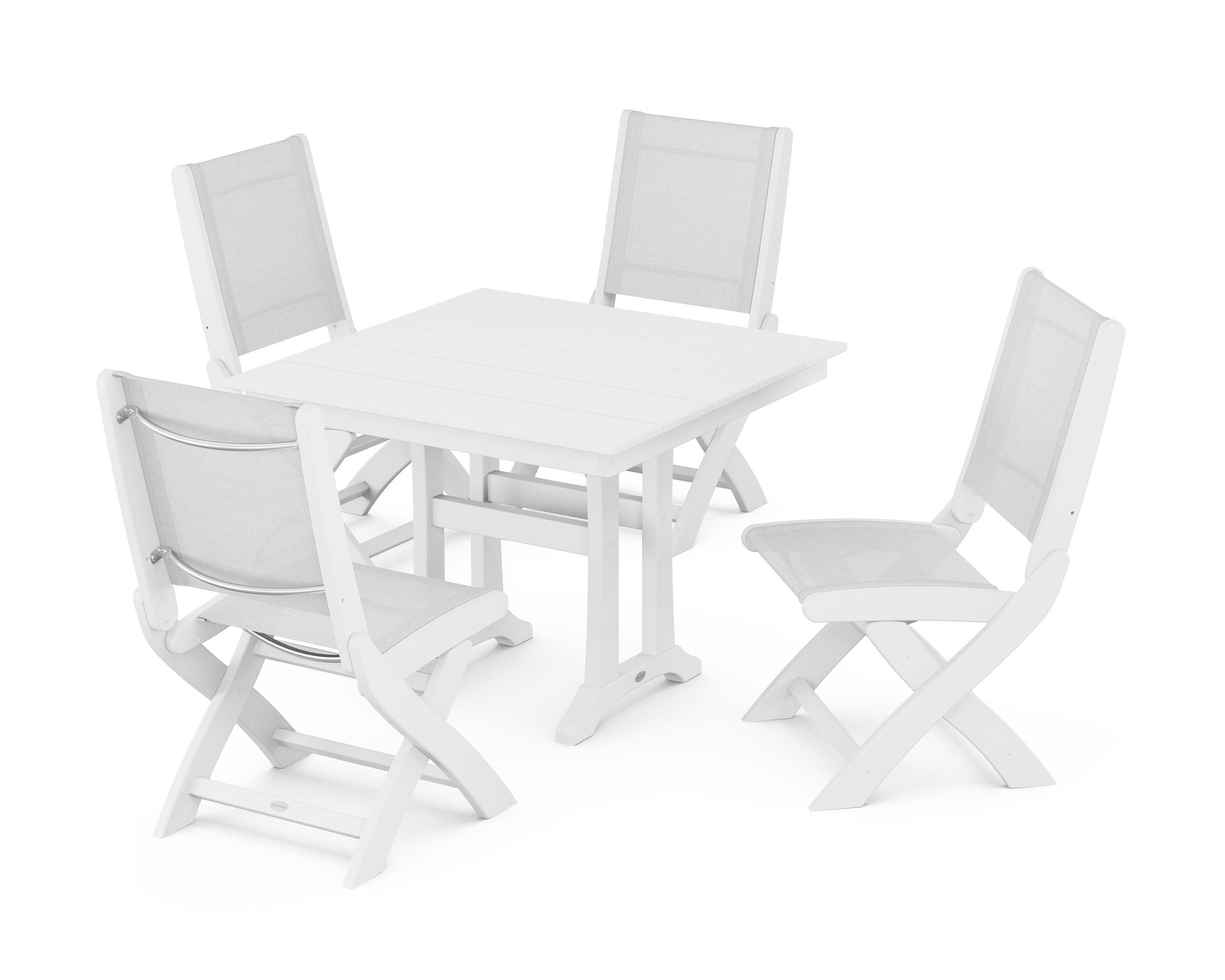 POLYWOOD® Coastal Folding Side Chair 5-Piece Farmhouse Dining Set With Trestle Legs in White / White Sling