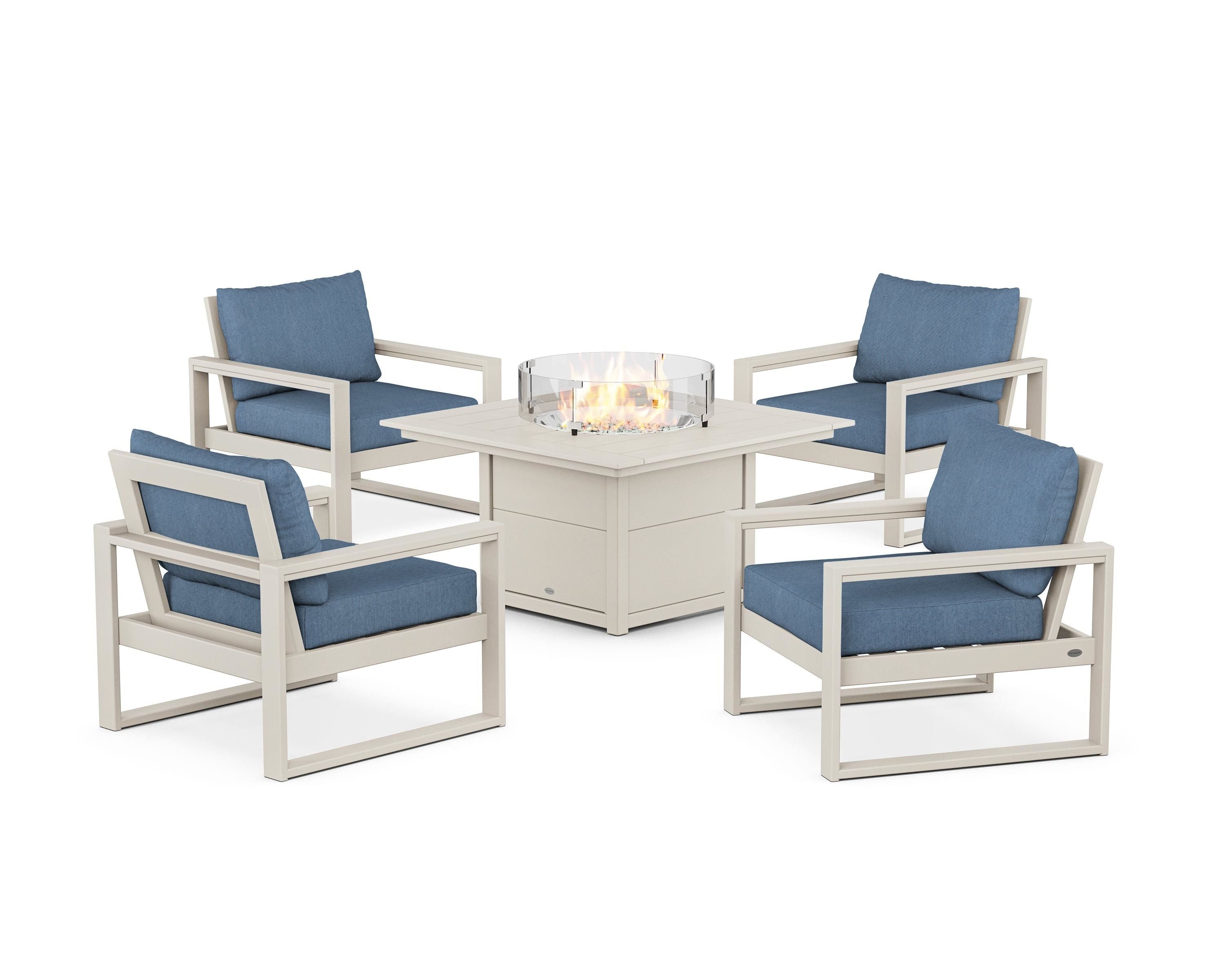 POLYWOOD® EDGE Sectional 5-Piece Deep Seating Set with Fire Pit Table in Sand / Sky Blue