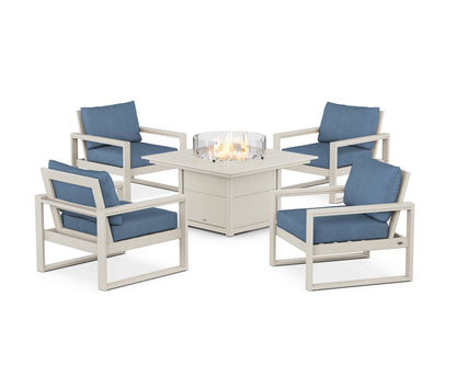 POLYWOOD® EDGE Sectional 5-Piece Deep Seating Set with Fire Pit Table in Sand / Sky Blue