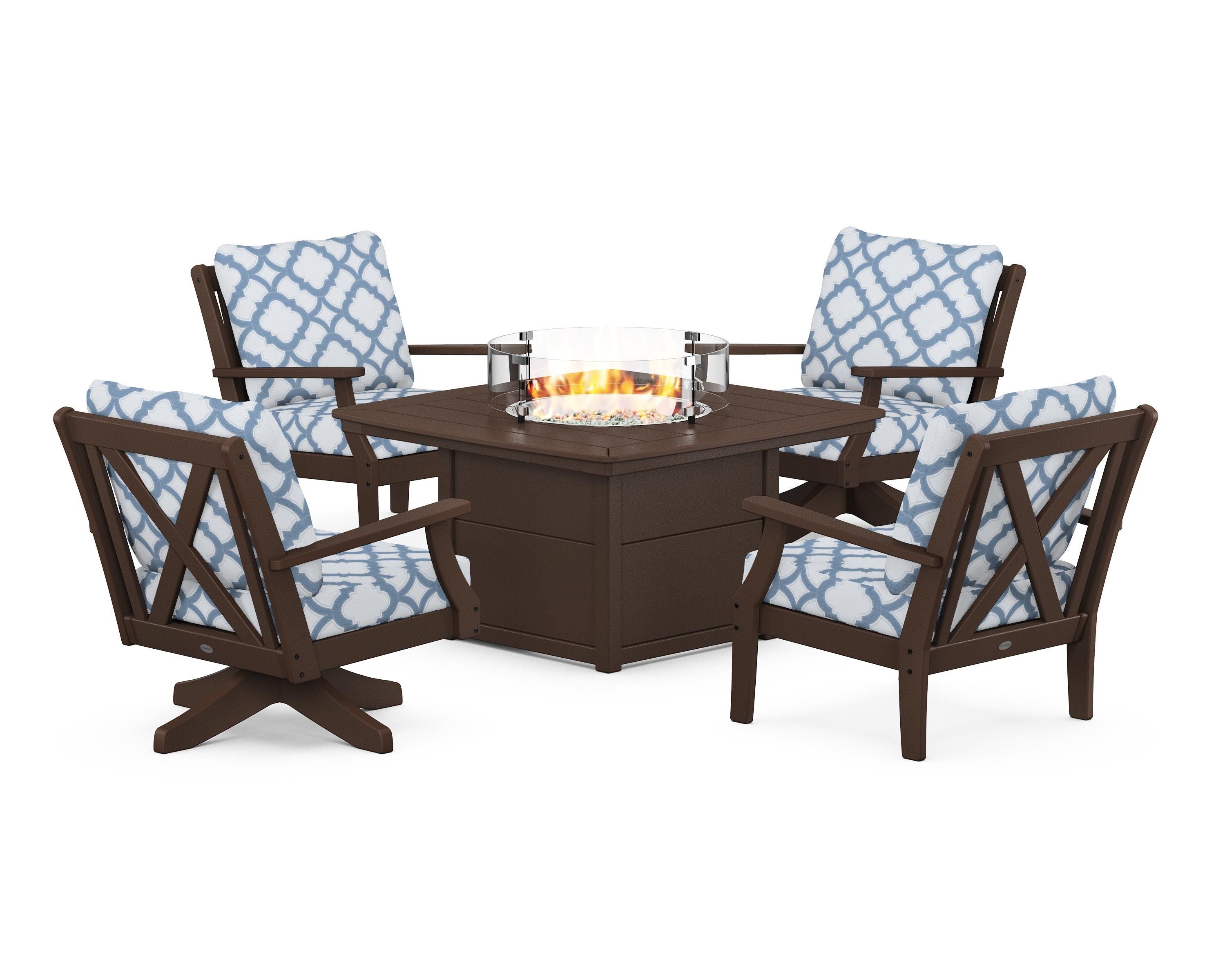 POLYWOOD® Braxton 5-Piece Deep Seating Set with Fire Table in Mahogany / Trellis Sky Blue