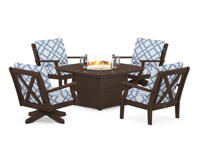 POLYWOOD® Braxton 5-Piece Deep Seating Set with Fire Table in Mahogany / Trellis Sky Blue