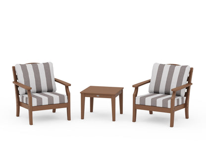 Draper James™ by  POLYWOOD® Savannah 3-Piece Deep Seating Set in Teak / Cabana Stripe Grey Mist