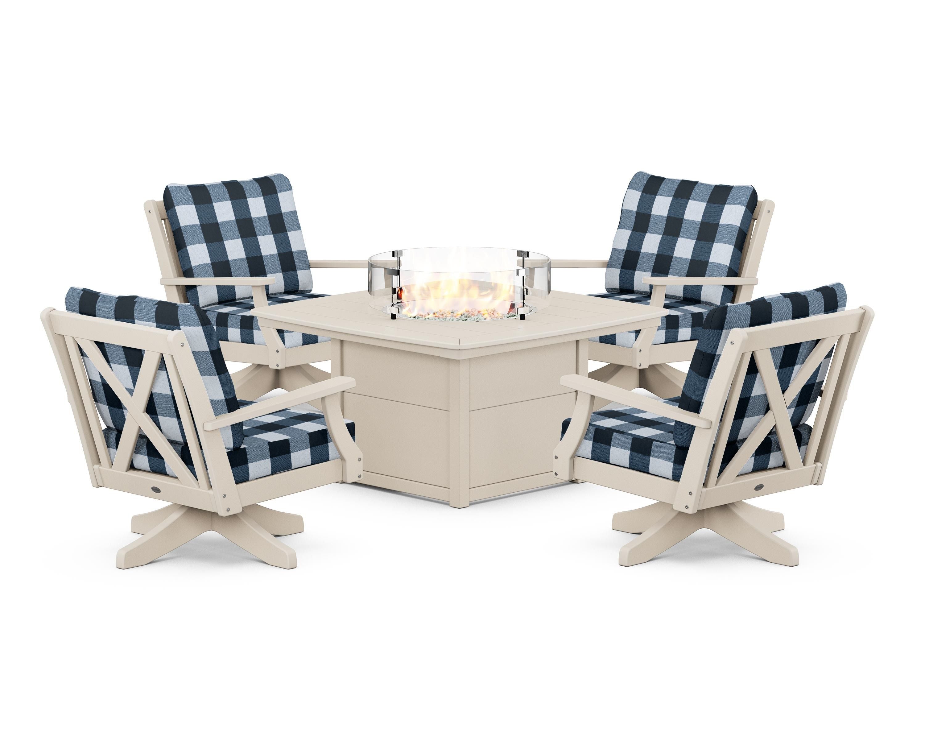 POLYWOOD® Braxton 5-Piece Deep Seating Swivel Conversation Set with Fire Pit Table in Sand / Buffalo Plaid Marine Indigo