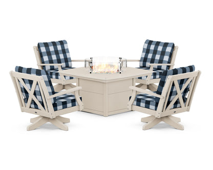 POLYWOOD® Braxton 5-Piece Deep Seating Swivel Conversation Set with Fire Pit Table in Sand / Buffalo Plaid Marine Indigo