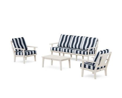 POLYWOOD® Prairie 4-Piece Deep Seating Set with Sofa in Sand / Cabana Stripe Marine Indigo