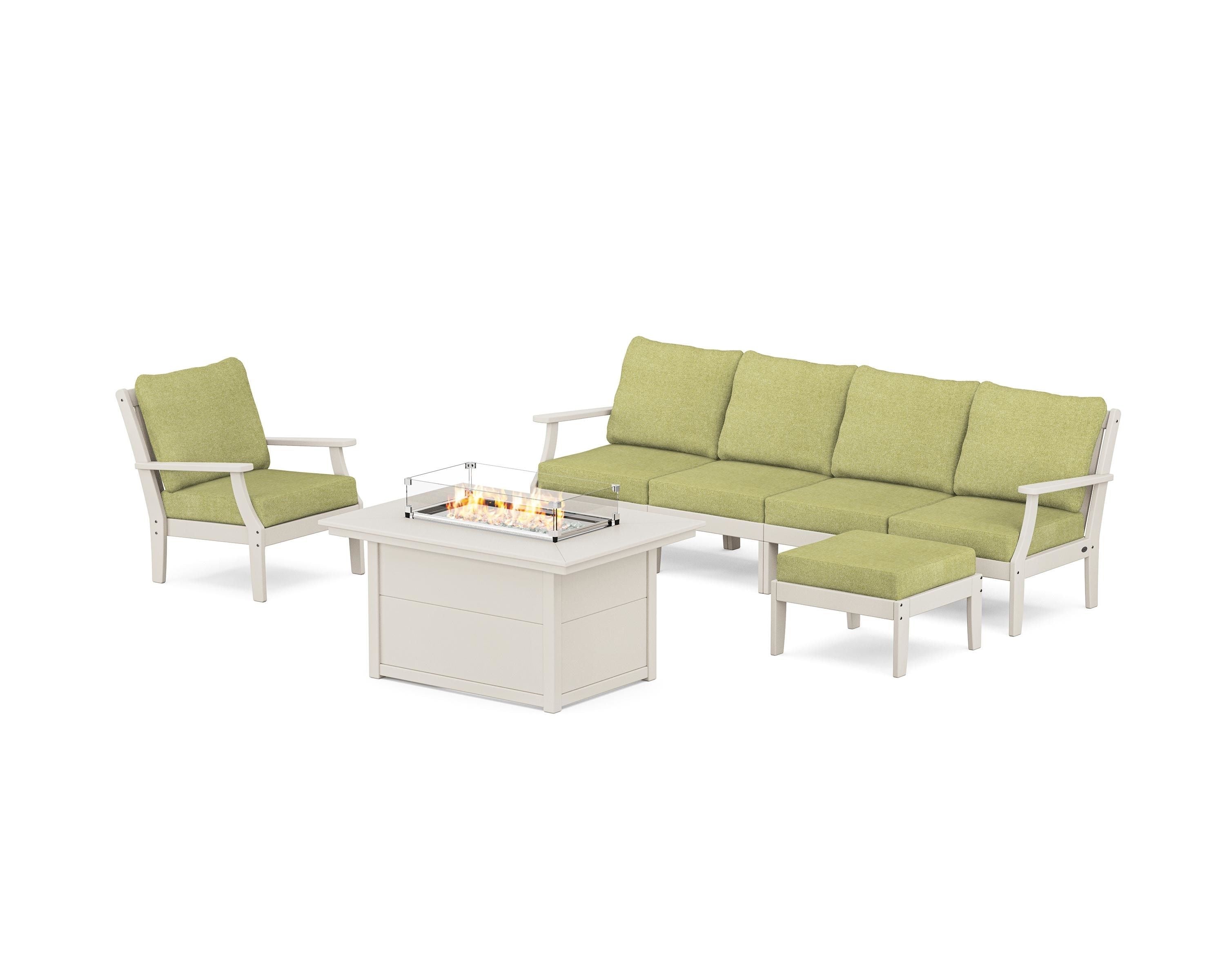 POLYWOOD® Braxton Sectional Lounge and Fire Pit Set in Sand / Chartreuse Boucle