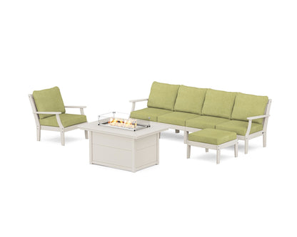 POLYWOOD® Braxton Sectional Lounge and Fire Pit Set in Sand / Chartreuse Boucle