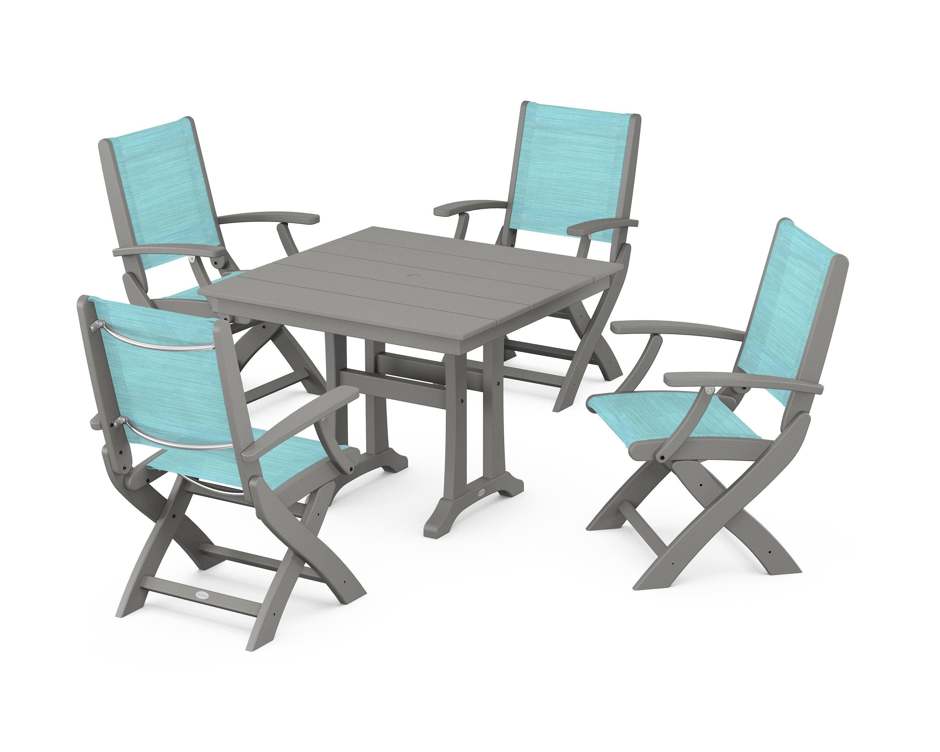 POLYWOOD® Coastal Folding Chair 5-Piece Farmhouse Dining Set With Trestle Legs in Slate Grey / Dupioni Aquamarine Sling