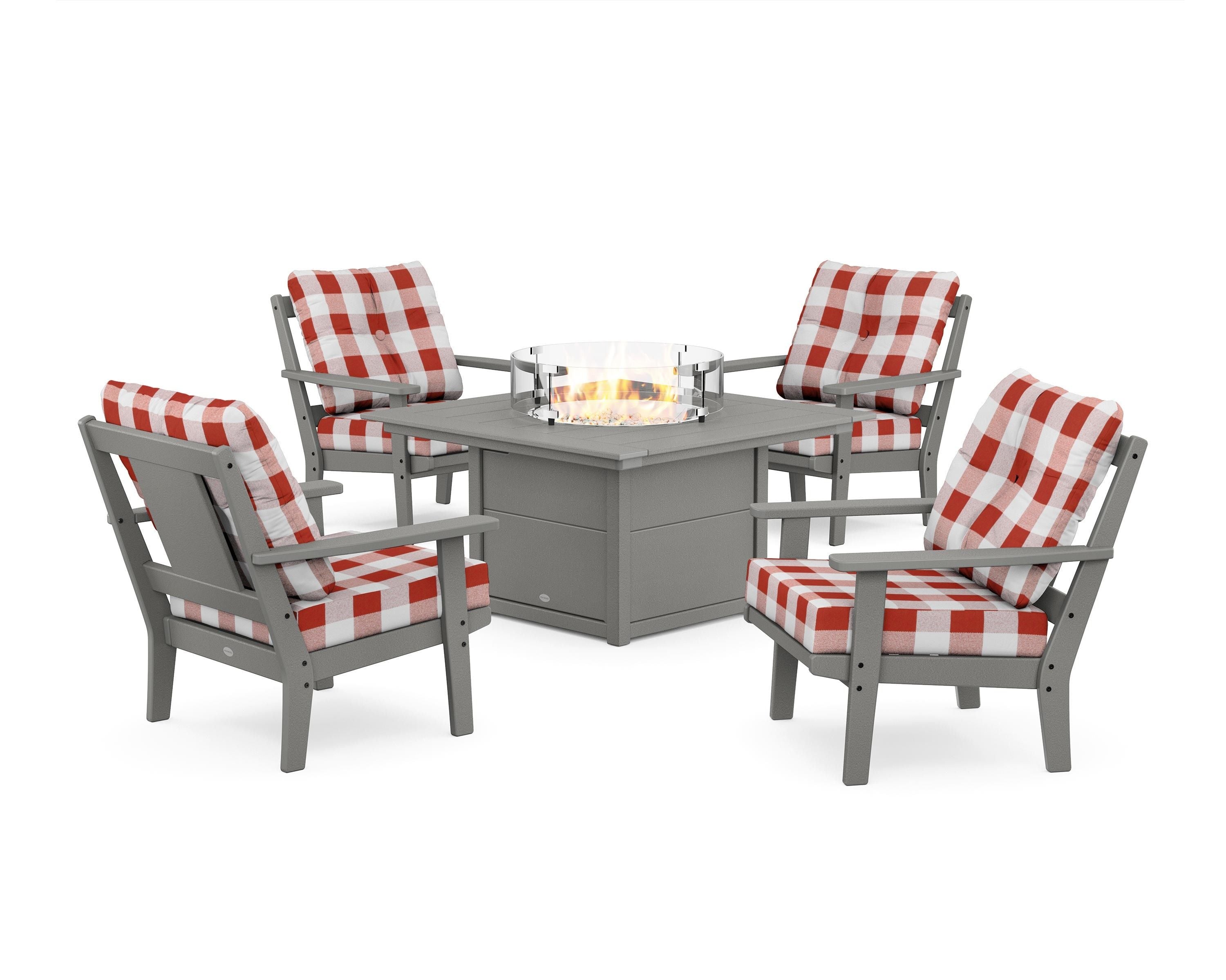 POLYWOOD® Prairie 5-Piece Deep Seating Set with Fire Pit Table in Slate Grey / Buffalo Plaid Crimson
