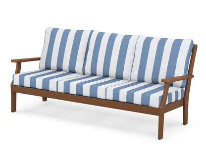 POLYWOOD® Braxton Deep Seating Sofa in Teak / Cabana Stripe Sky Blue