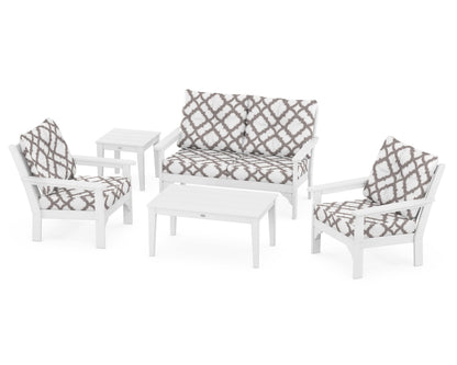 POLYWOOD® Vineyard 5-Piece Deep Seating Set in White / Trellis Grey Mist