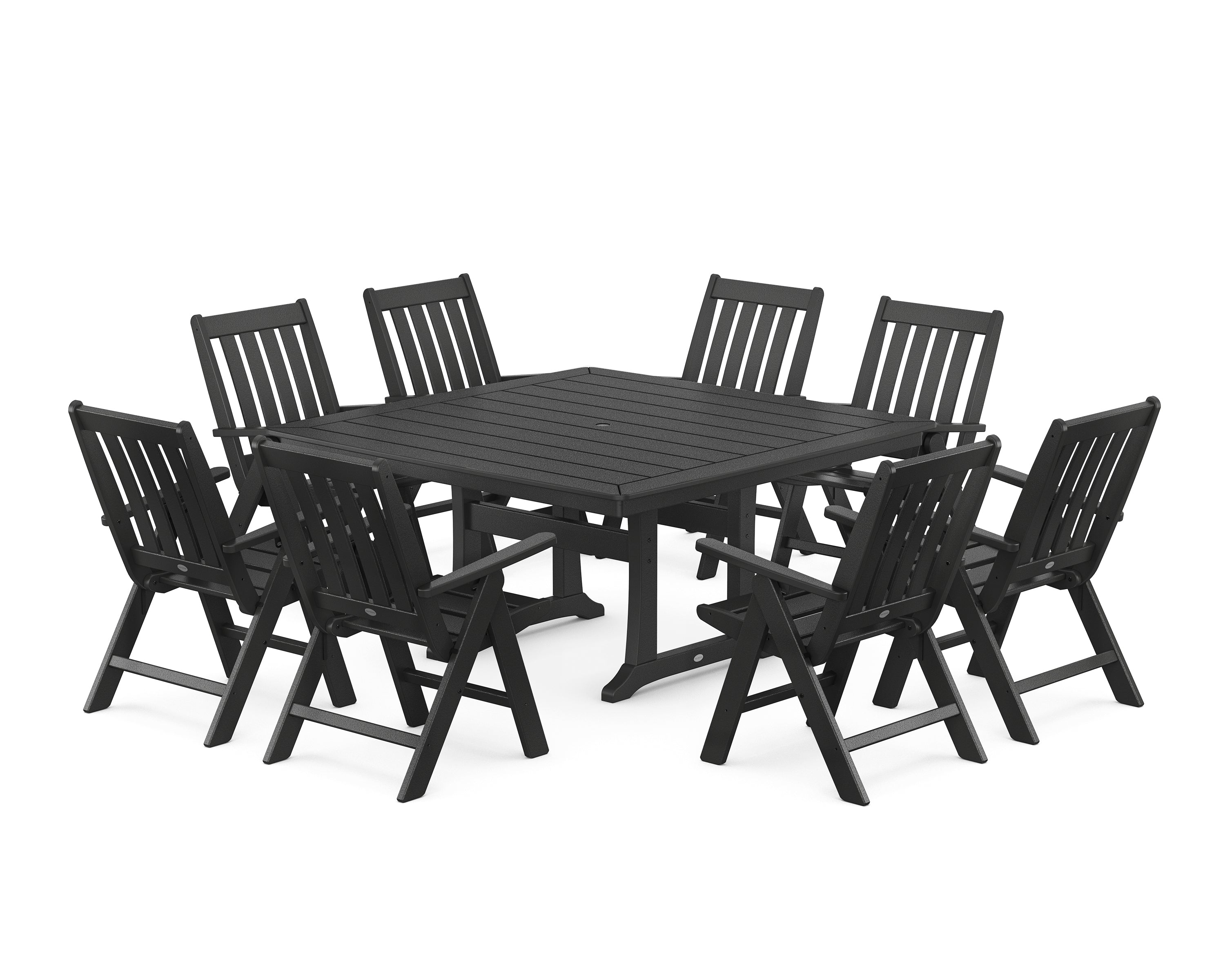 POLYWOOD® Vineyard Folding Chair 9-Piece Square Dining Set with Trestle Legs in Black