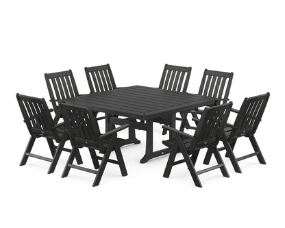 POLYWOOD® Vineyard Folding Chair 9-Piece Square Dining Set with Trestle Legs in Black