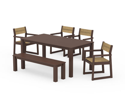 POLYWOOD® EDGE Sling Arm Chair 6-Piece Parsons Dining Set with Bench in Mahogany / Burlap Sling