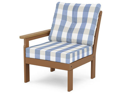 POLYWOOD® Vineyard Modular Left Arm Chair in Teak / Natural / Buffalo Plaid Sky Blue