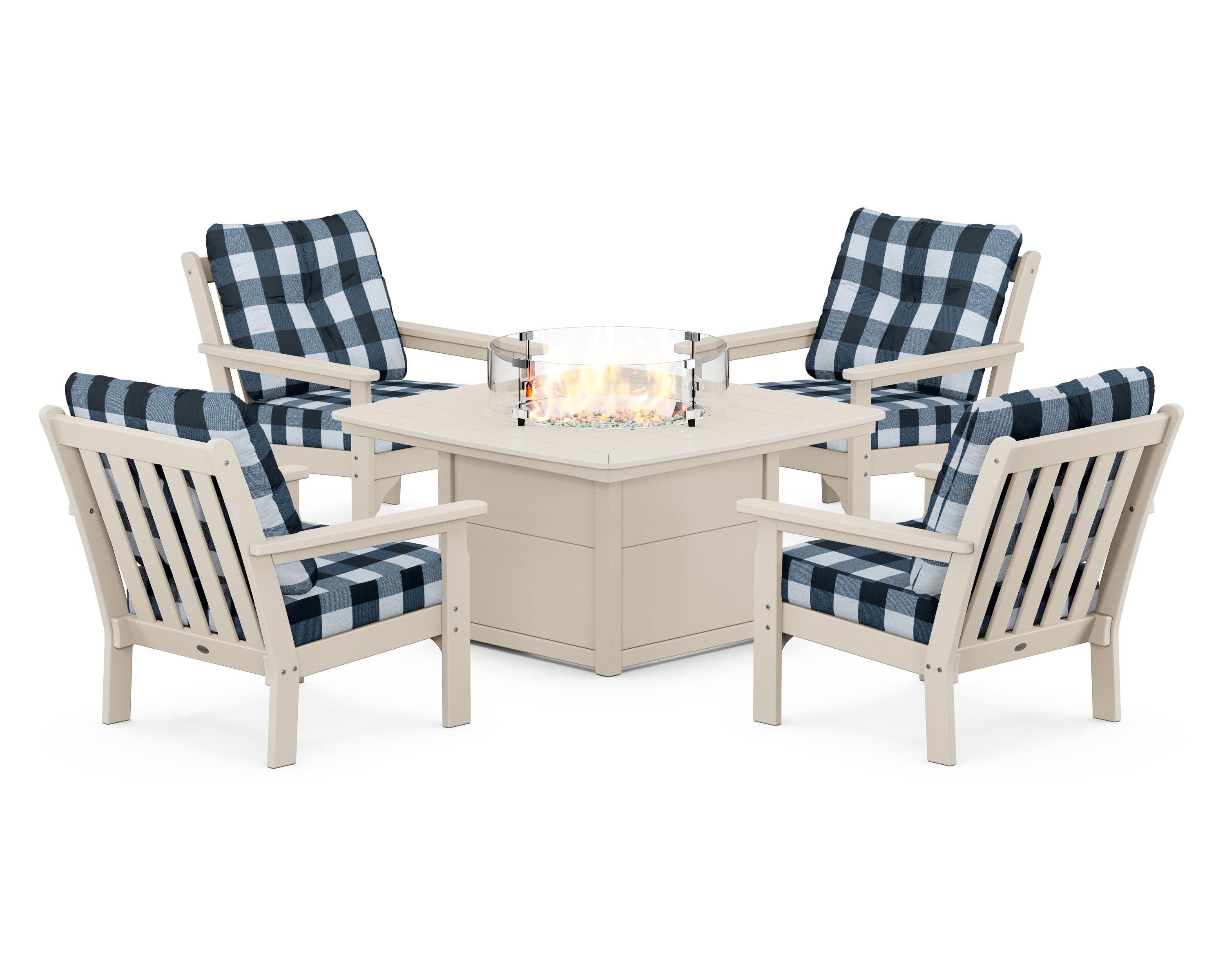 POLYWOOD® Vineyard 5-Piece Conversation Set with Fire Pit Table in Sand / Buffalo Plaid Marine Indigo