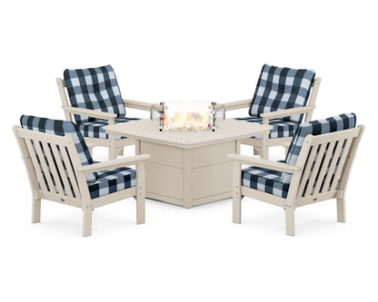 POLYWOOD® Vineyard 5-Piece Conversation Set with Fire Pit Table in Sand / Buffalo Plaid Marine Indigo
