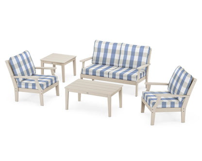 POLYWOOD® Braxton 5-Piece Deep Seating Set in Sand / Buffalo Plaid Sky Blue