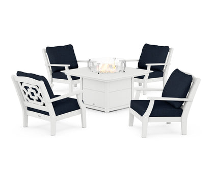 Martha Stewart by POLYWOOD® Chinoiserie 5-Piece Deep Seating Set with Fire Pit Table in White / Marine Indigo
