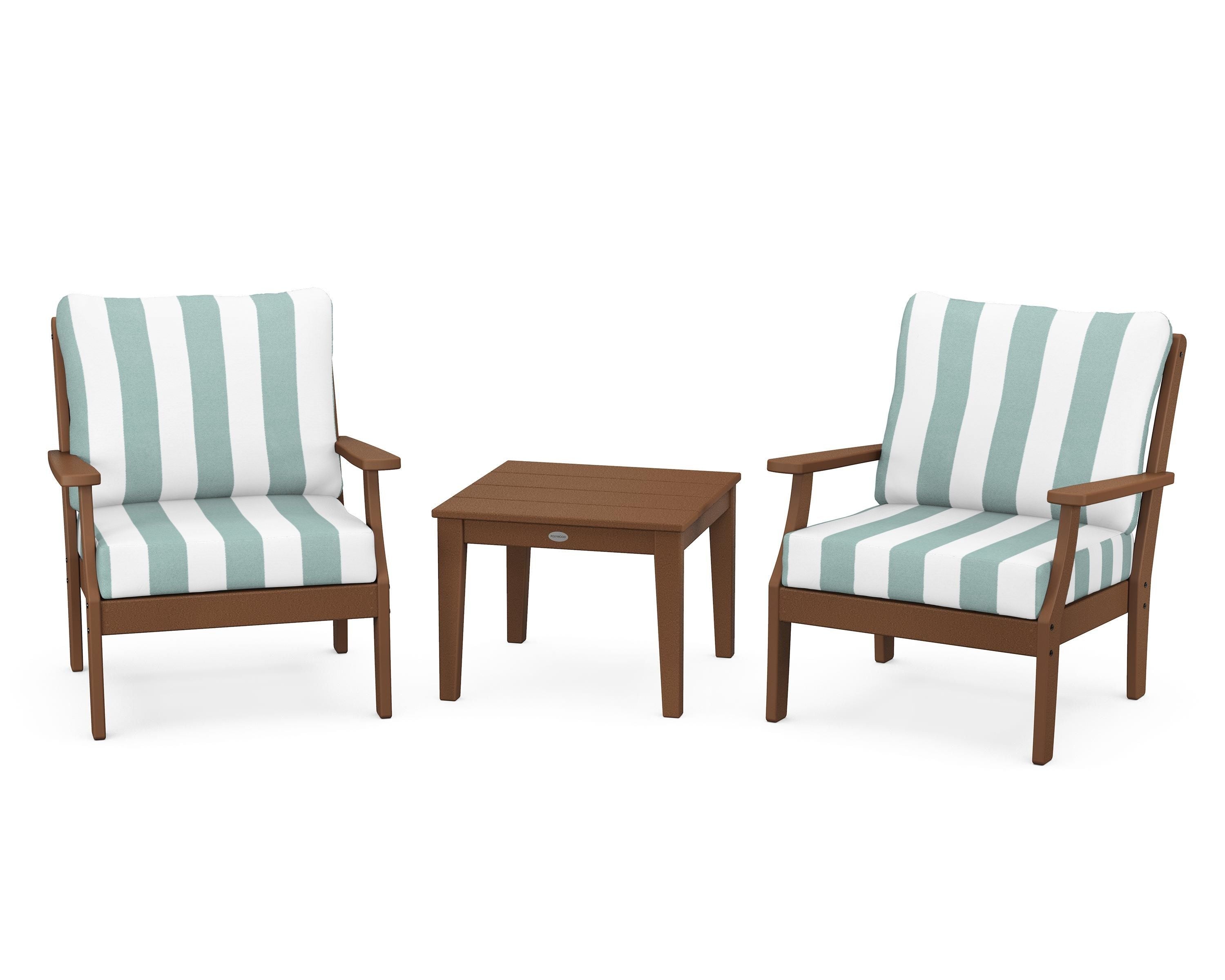 POLYWOOD® Braxton 3-Piece Deep Seating Set in Teak / Cabana Stripe Glacier Spa