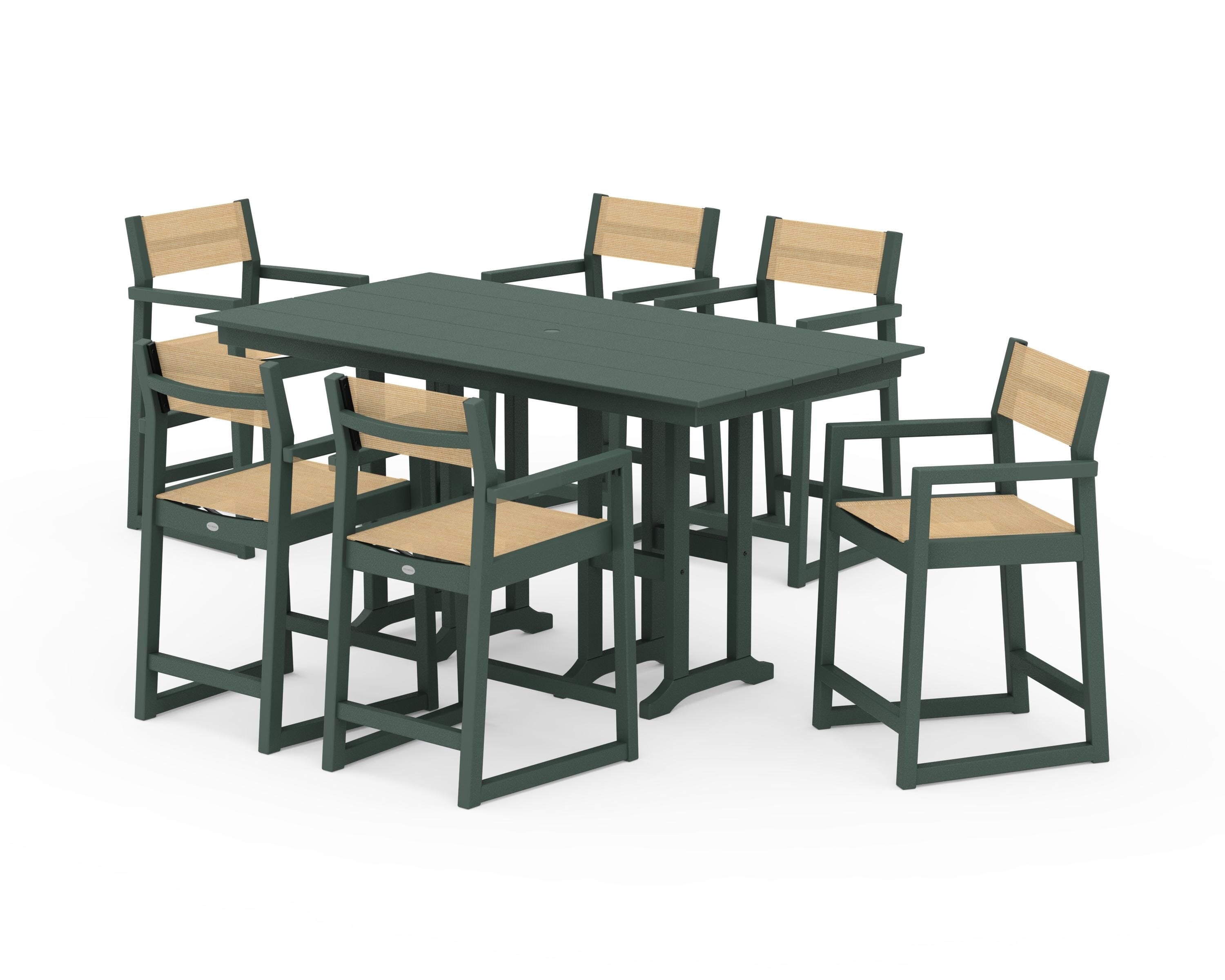 POLYWOOD® EDGE Sling Arm Chair 7-Piece Farmhouse Counter Set in Green / Dupioni Apricot Sling
