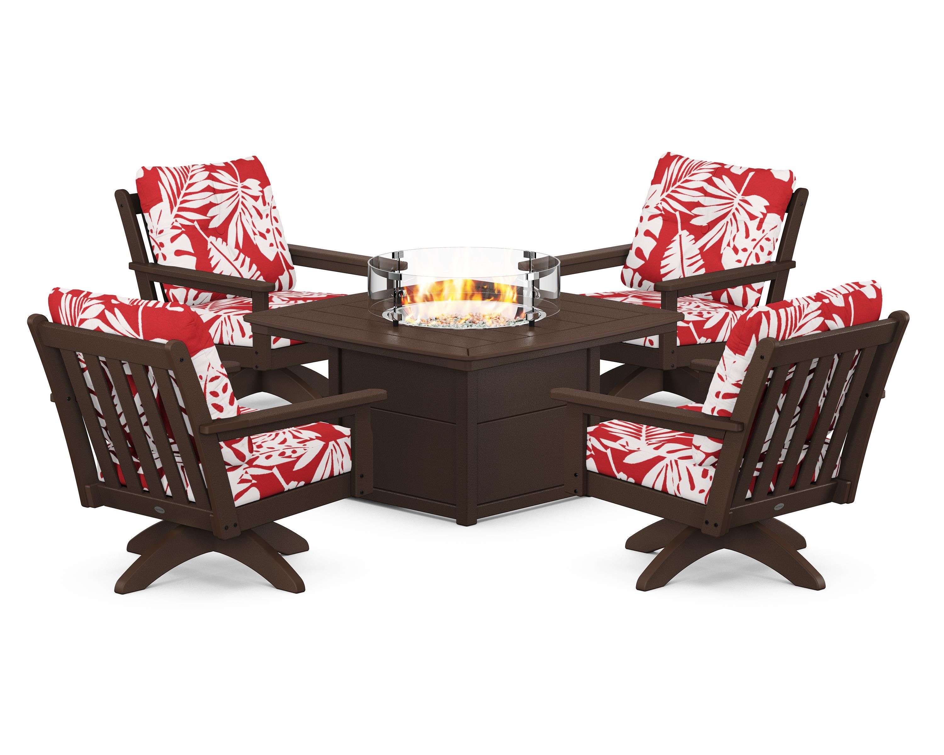 POLYWOOD® Vineyard 5-Piece Deep Seating Swivel Conversation Set with Fire Pit Table in Mahogany / Leaf Crimson