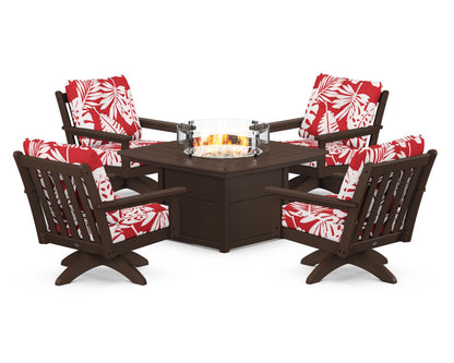 POLYWOOD® Vineyard 5-Piece Deep Seating Swivel Conversation Set with Fire Pit Table in Mahogany / Leaf Crimson