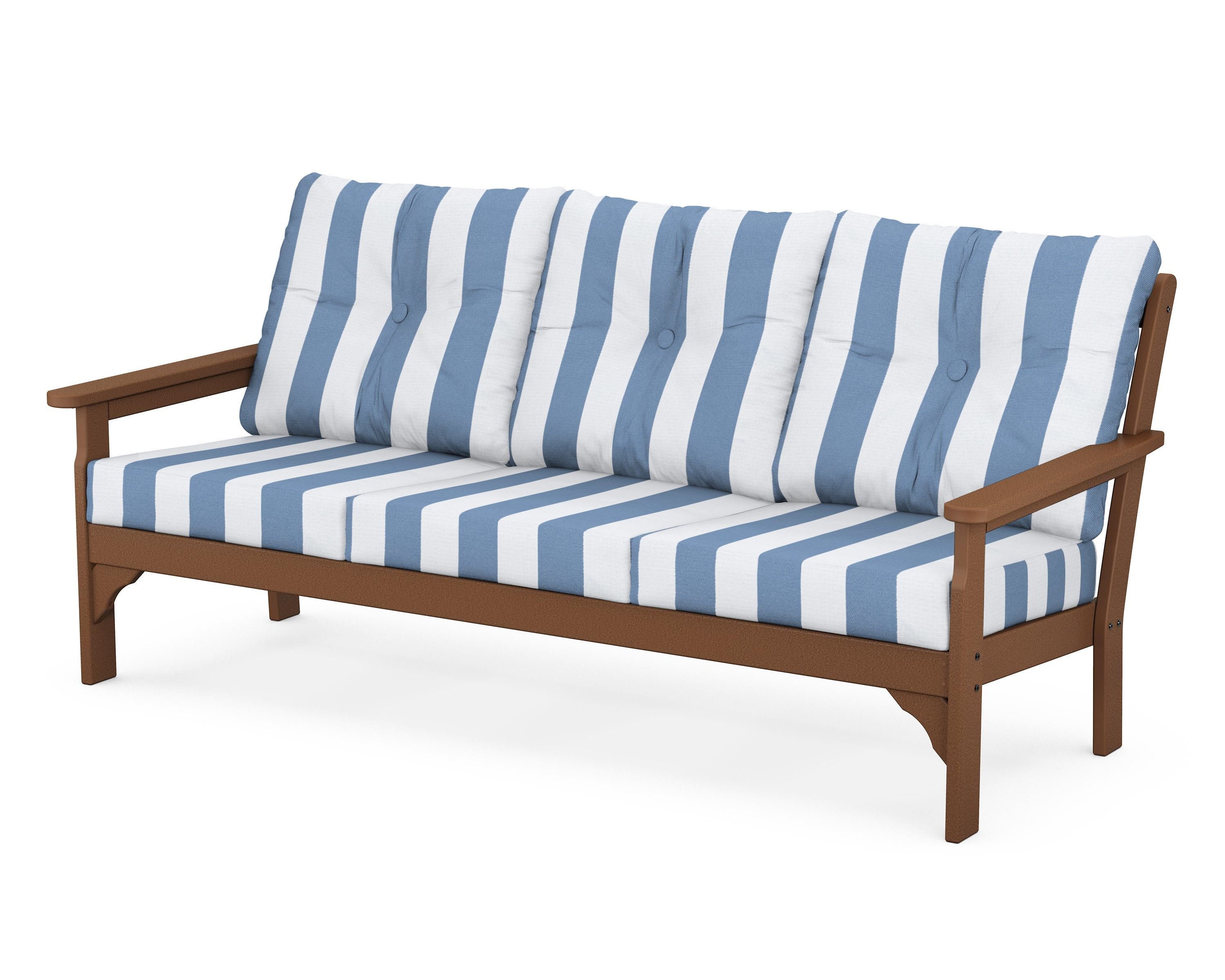 POLYWOOD® Vineyard Deep Seating Sofa in Teak / Cabana Stripe Sky Blue