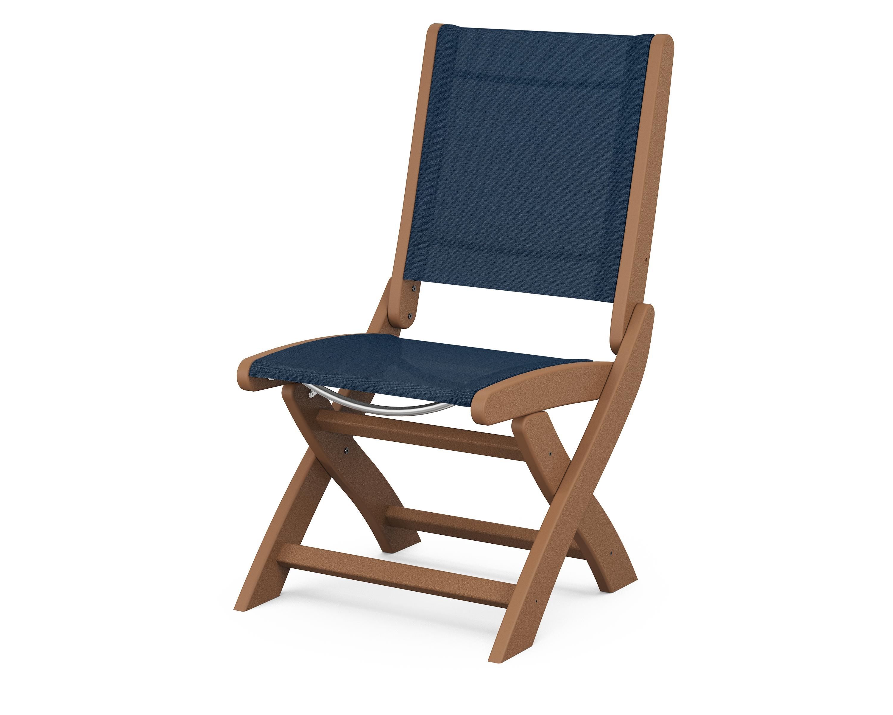 POLYWOOD® Coastal Folding Side Chair in Teak / Navy Blue Sling