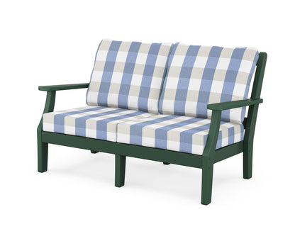 Martha Stewart by POLYWOOD® Chinoiserie Deep Seating Loveseat in Green / Buffalo Plaid Sky Blue