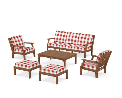 Martha Stewart by POLYWOOD® Chinoiserie 6-Piece Lounge Sofa Set in Teak / Buffalo Plaid Crimson