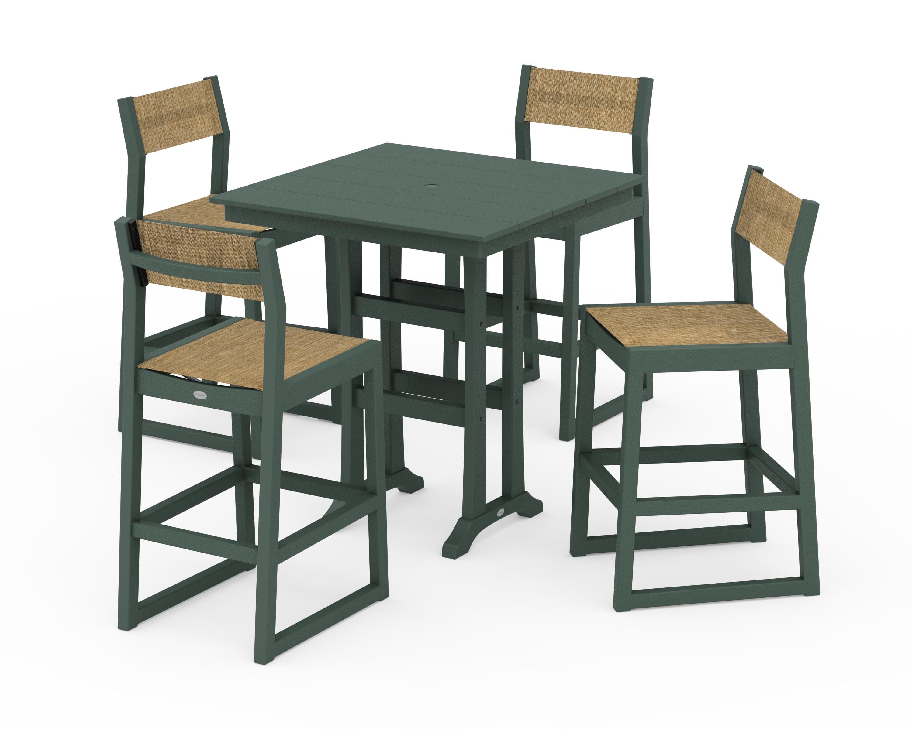 POLYWOOD® EDGE Sling Arm Chair 5-Piece Farmhouse Bar Set with Trestle Legs in Green / Burlap Sling