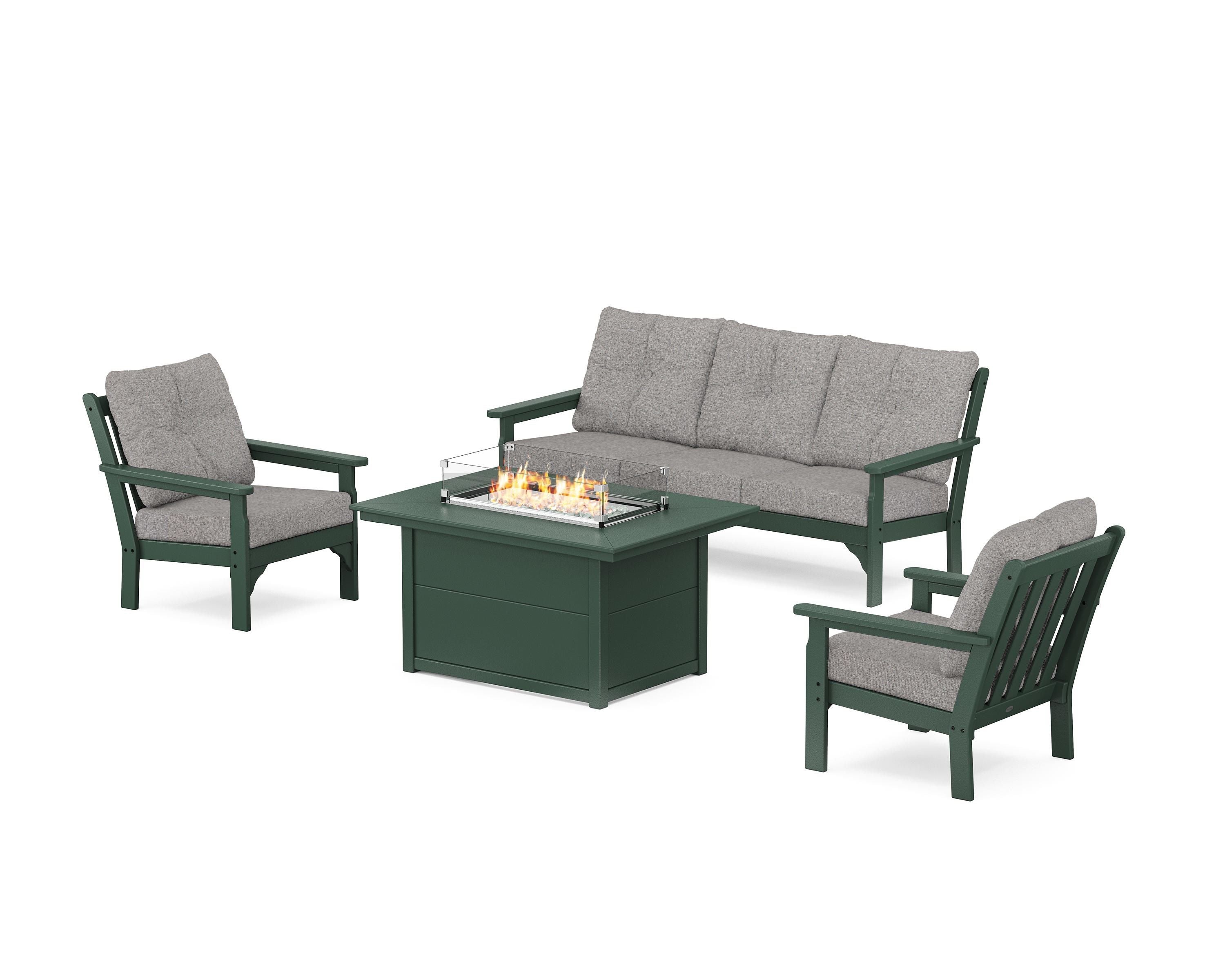 POLYWOOD® Vineyard Deep Seating Fire Pit Table Set in Green / Grey Mist