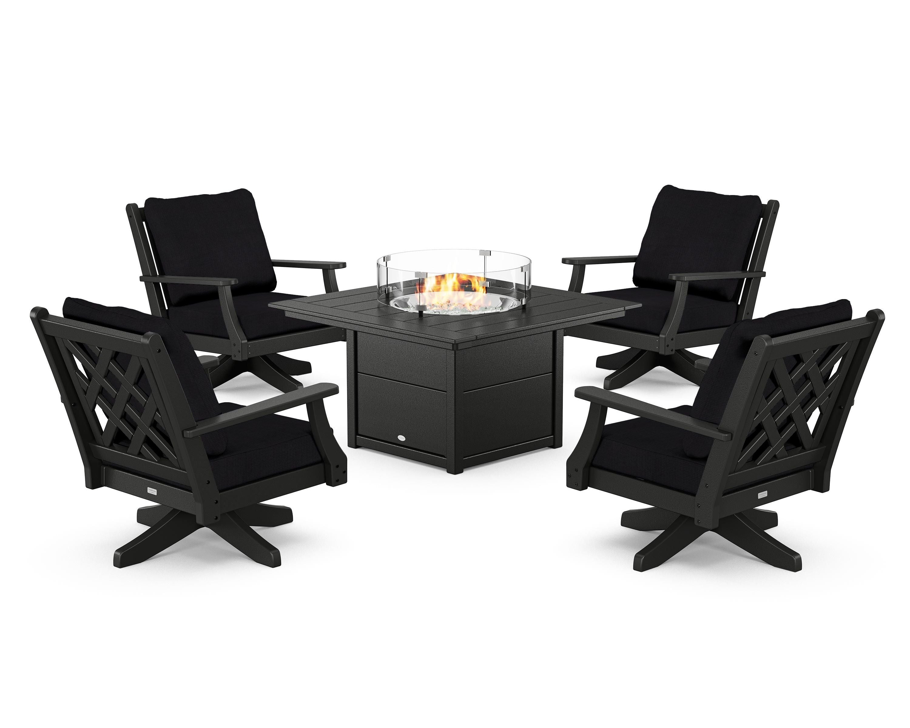 Country Living Wovendale 5-Piece Deep Seating Swivel Conversation Set with Fire Pit Table in Black / Midnight Linen