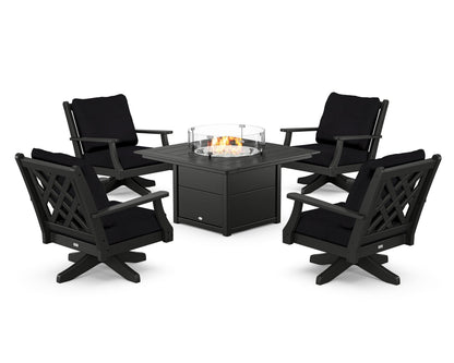 Country Living Wovendale 5-Piece Deep Seating Swivel Conversation Set with Fire Pit Table in Black / Midnight Linen