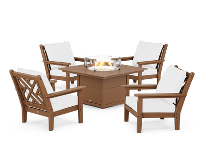 POLYWOOD® Chippendale 5-Piece Deep Seating Set with Fire Pit Table in Teak / Natural