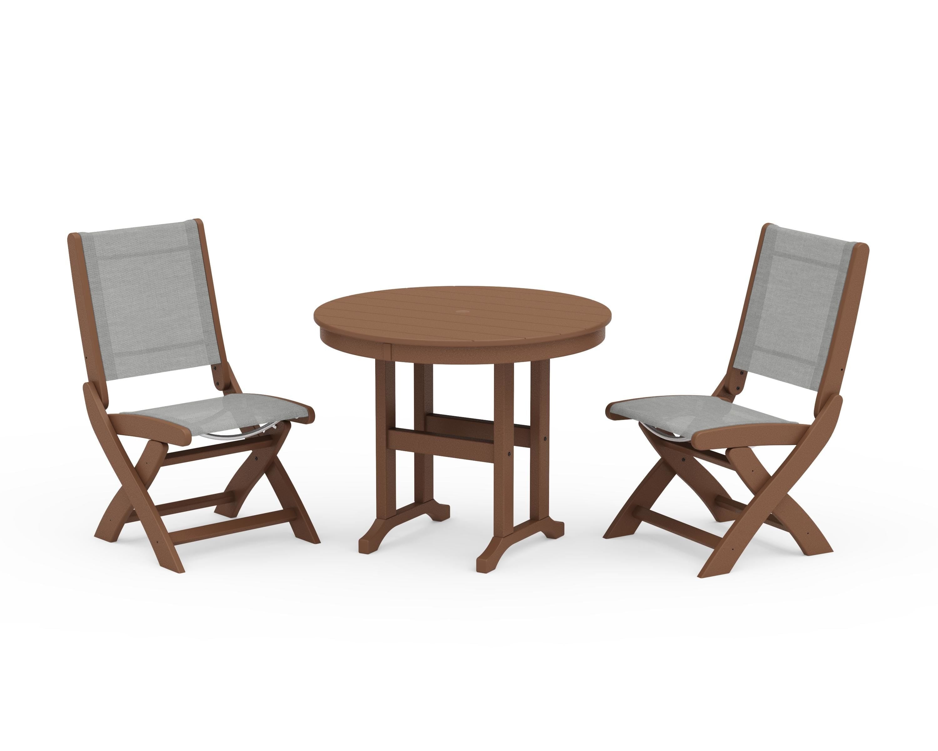 POLYWOOD® Coastal Folding Side Chair 3-Piece Round Dining Set in Teak / Metallic Sling