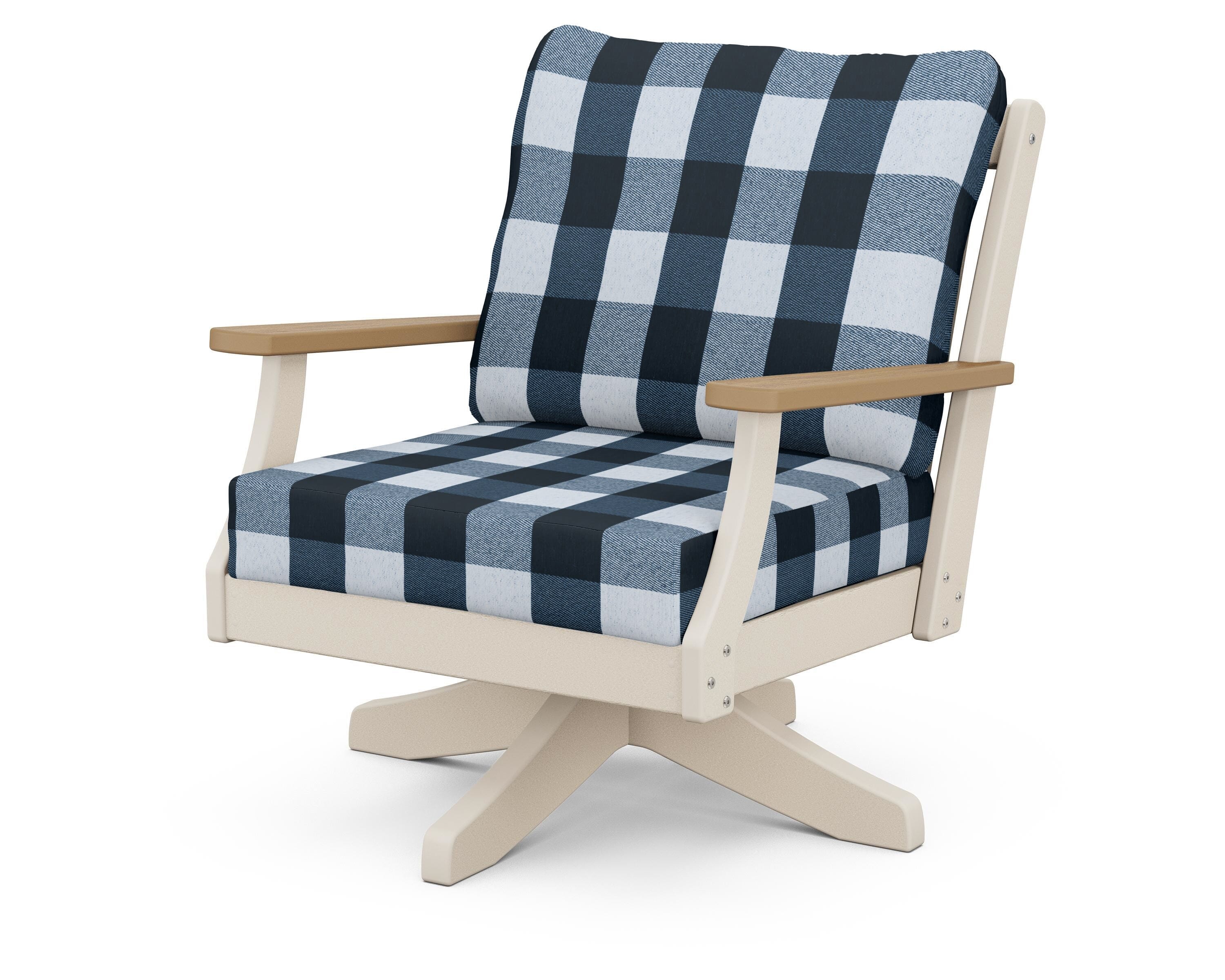 POLYWOOD® Braxton Deep Seating Swivel Chair in Sand / Natural / Buffalo Plaid Marine Indigo