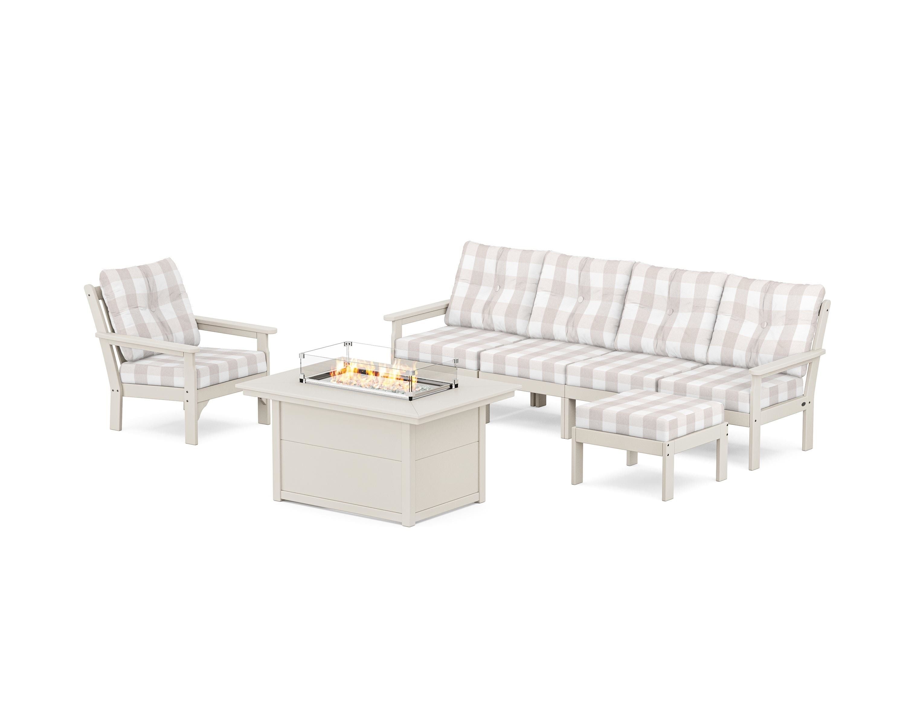 POLYWOOD® Vineyard Sectional Lounge and Fire Pit Set in Sand / Buffalo Plaid Dune Burlap