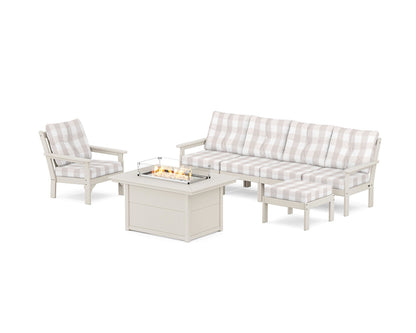 POLYWOOD® Vineyard Sectional Lounge and Fire Pit Set in Sand / Buffalo Plaid Dune Burlap