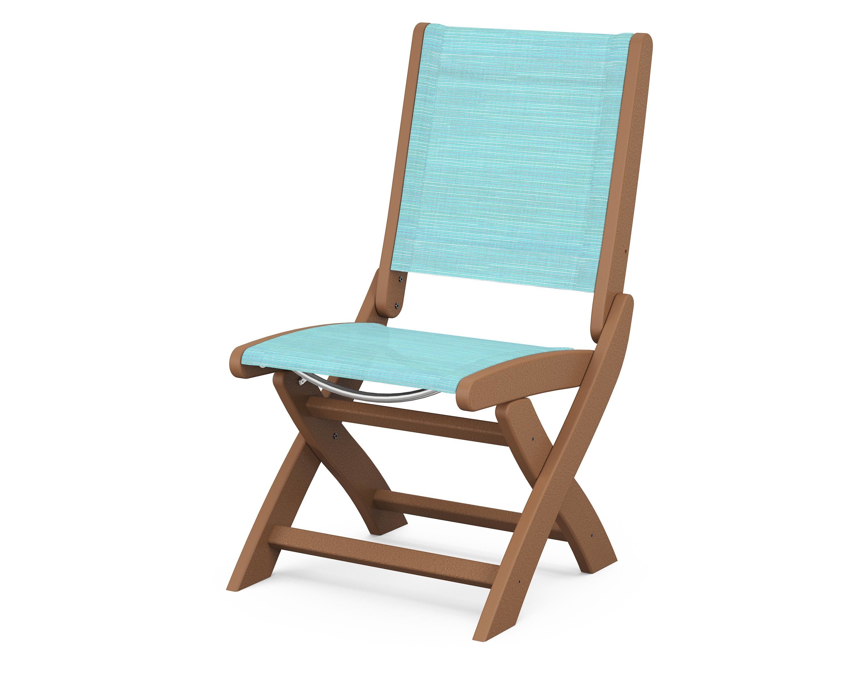 POLYWOOD® Coastal Folding Side Chair in Teak / Dupioni Aquamarine Sling