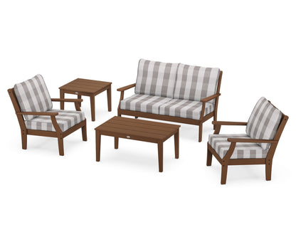 POLYWOOD® Braxton 5-Piece Deep Seating Set in Teak / Buffalo Plaid Grey Mist